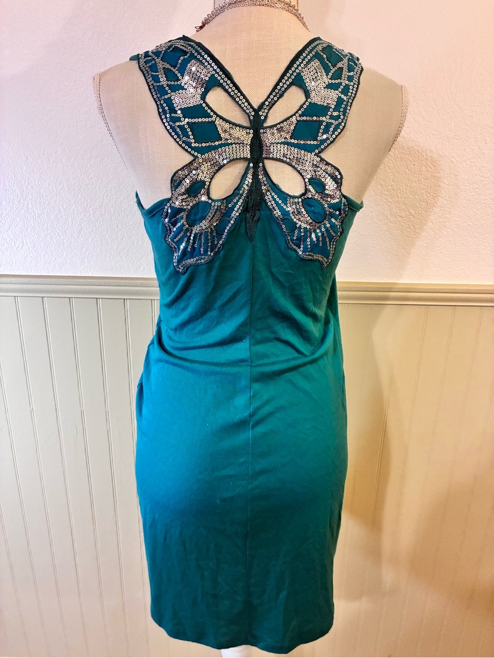 Embellished Butterfly-Back Teal Bodycon Dress